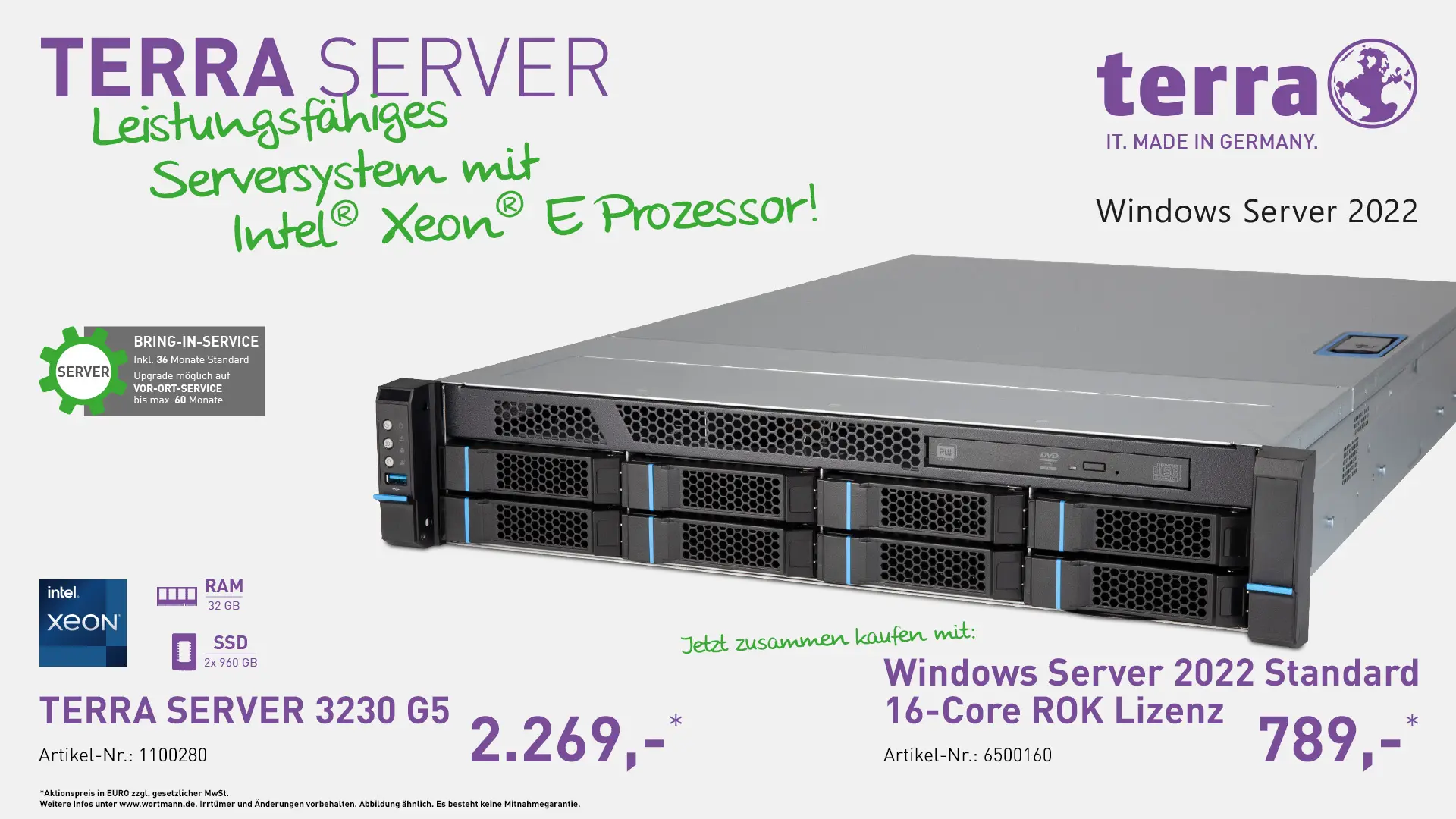 Terra Server 3230 G5 & Windows Server 2022 Standard 16-Core ROK Lizenz