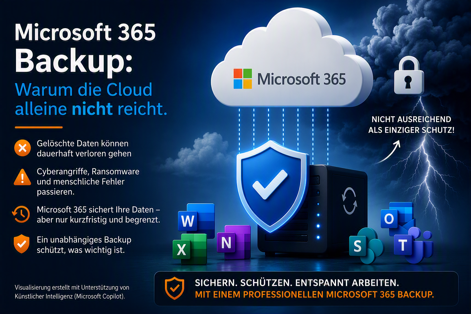 Microsoft 365 Backup mit zusätzlicher Datensicherung für Exchange Online, OneDrive, SharePoint und Teams zum Schutz vor Datenverlust, Ransomware und versehentlichem Löschen.