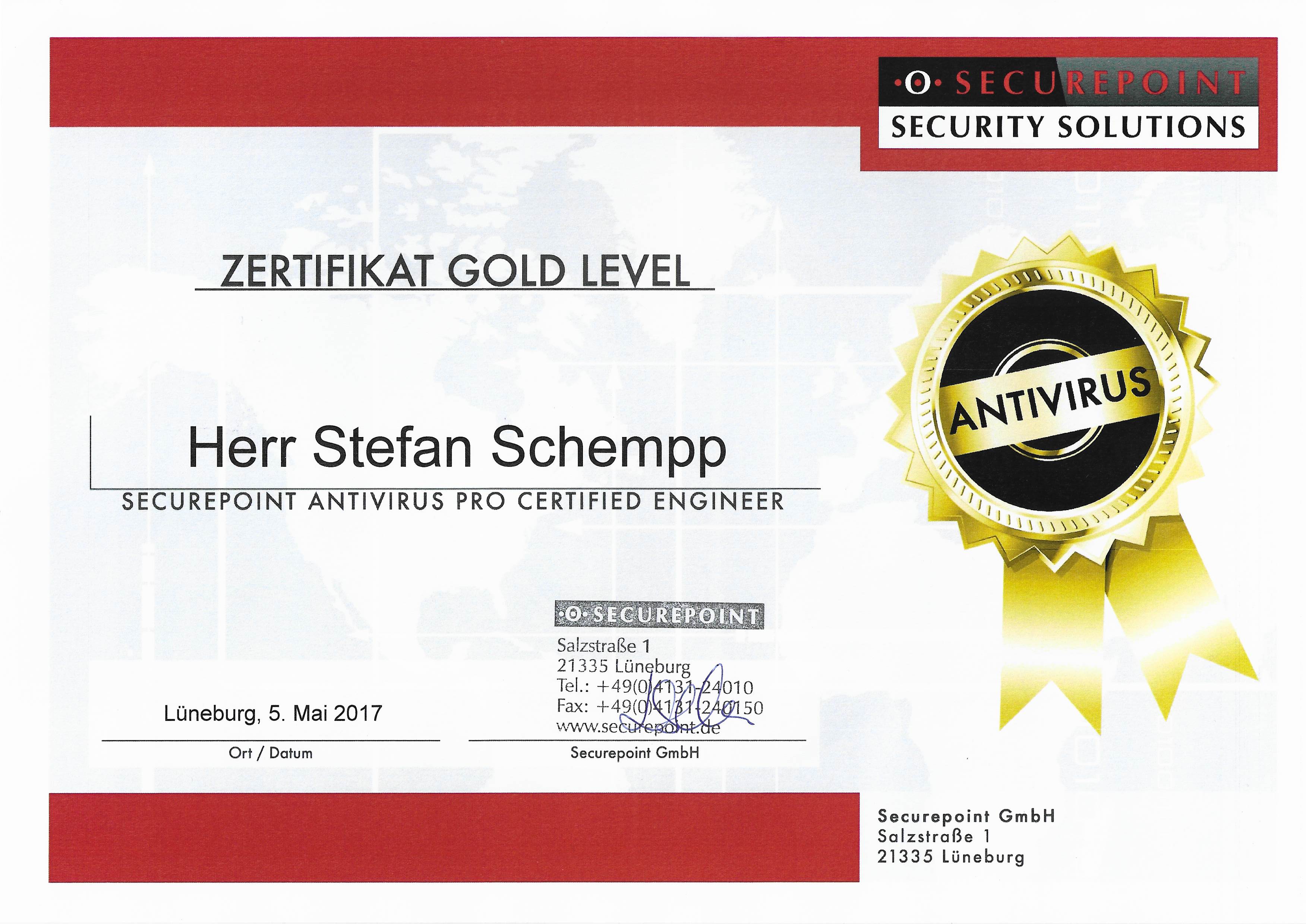 Securepoint Antivirus Pro Certified Engineer Zertifikat